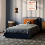 Load image into Gallery viewer, Bedroom with a bed, pillows, and a 'Boys Rule' sign on the wall.