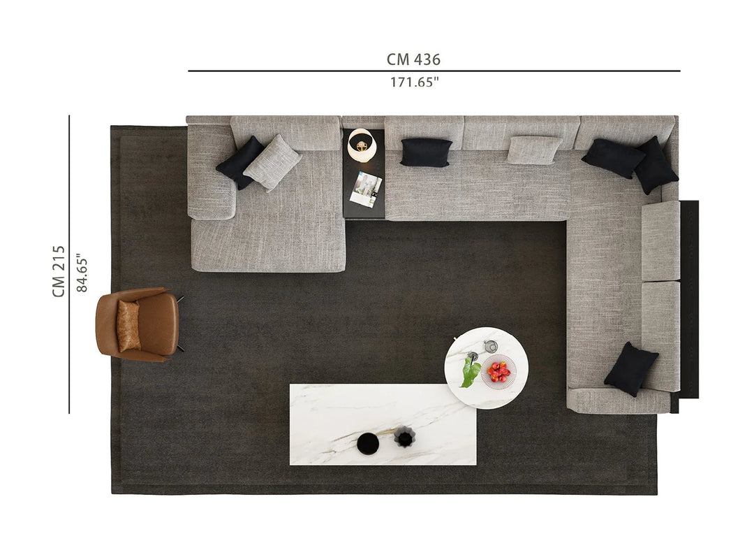 Top-down view of a living room layout with furniture and measurements.
