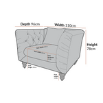 Load image into Gallery viewer, Gray armchair with dimensions labeled on a white background
