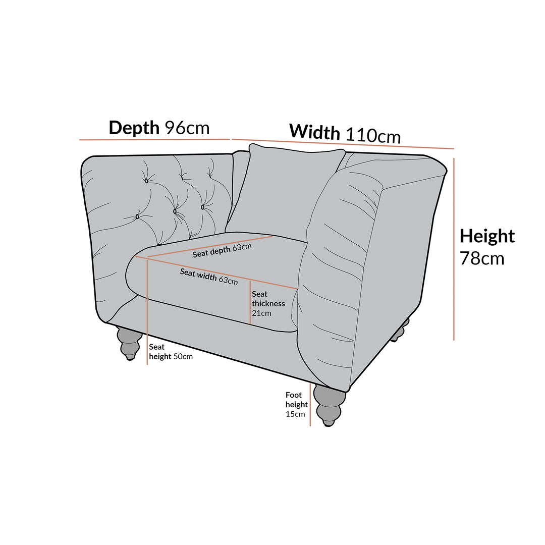 Gray armchair with dimensions labeled on a white background