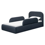 Load image into Gallery viewer, Modern bed with dark blue upholstered headboard and footboard on a white background