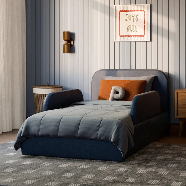 SafeHaven Premium Upholstered Bed with Removable Safety Rails – Dune & Pine UAE