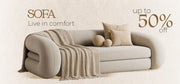 Beige sofa with a blanket and pillows on a light background, featuring text about comfort and a discount offer.