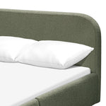 Load image into Gallery viewer, Green upholstered bed frame with white pillows on a white background