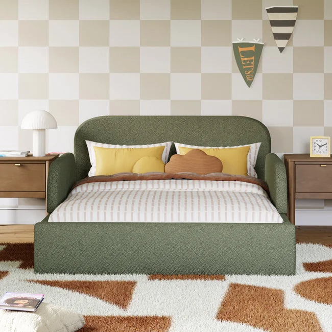 Softline Upholstered Bed with Removable Safety Rails – made in UAE by Dune & Pine