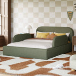 Load image into Gallery viewer, An upholstered bed frame in sage green fabric, styled in a child's bedroom with a checkered wall, patterned rug, and yellow accent pillows.