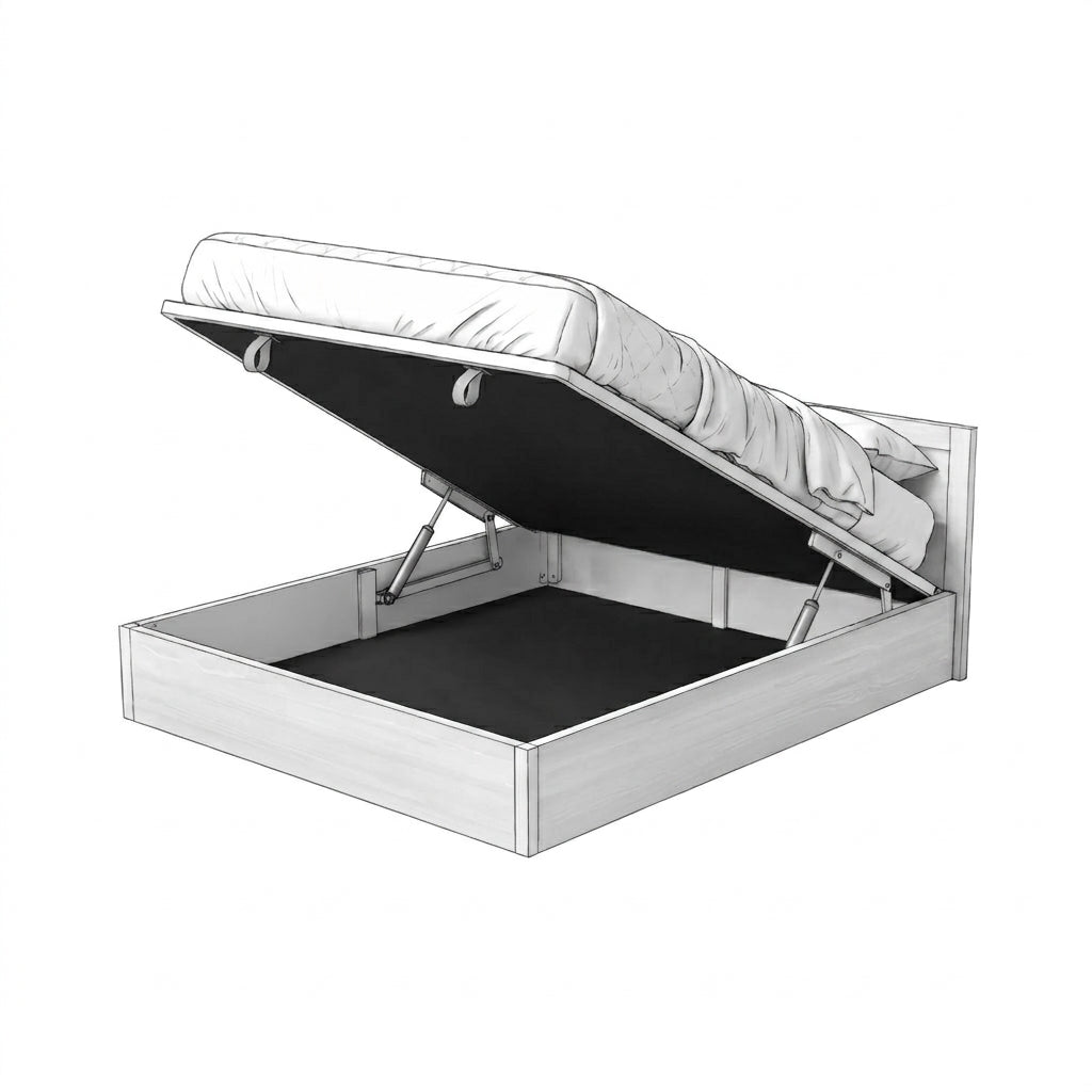 A white wooden storage bed frame with its mattress lifted open by gas springs, showing the dark interior storage compartment against a plain white background.