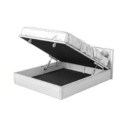 A white wooden storage bed frame with its mattress lifted open by gas springs, showing the dark interior storage compartment against a plain white background.