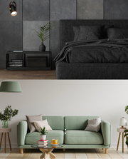 Top: Dark-themed bedroom with bed and nightstand. Bottom: Light green sofa in a living room.