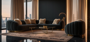 Modern living room with a dark gray sofa, gold coffee table, and cityscape view.