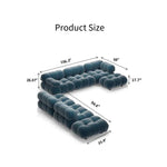 Load image into Gallery viewer, Blue sectional sofa with dimensions labeled on a white background
