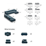 Load image into Gallery viewer, Blue tufted sectional sofa with dimensions and component illustrations on a white background
