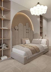 Modern bedroom with a bed, shelves, and decorative lighting.