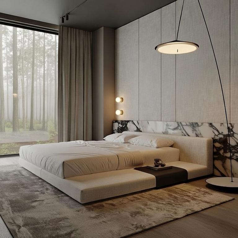 Modern bedroom with a large window, bed, and decorative elements.