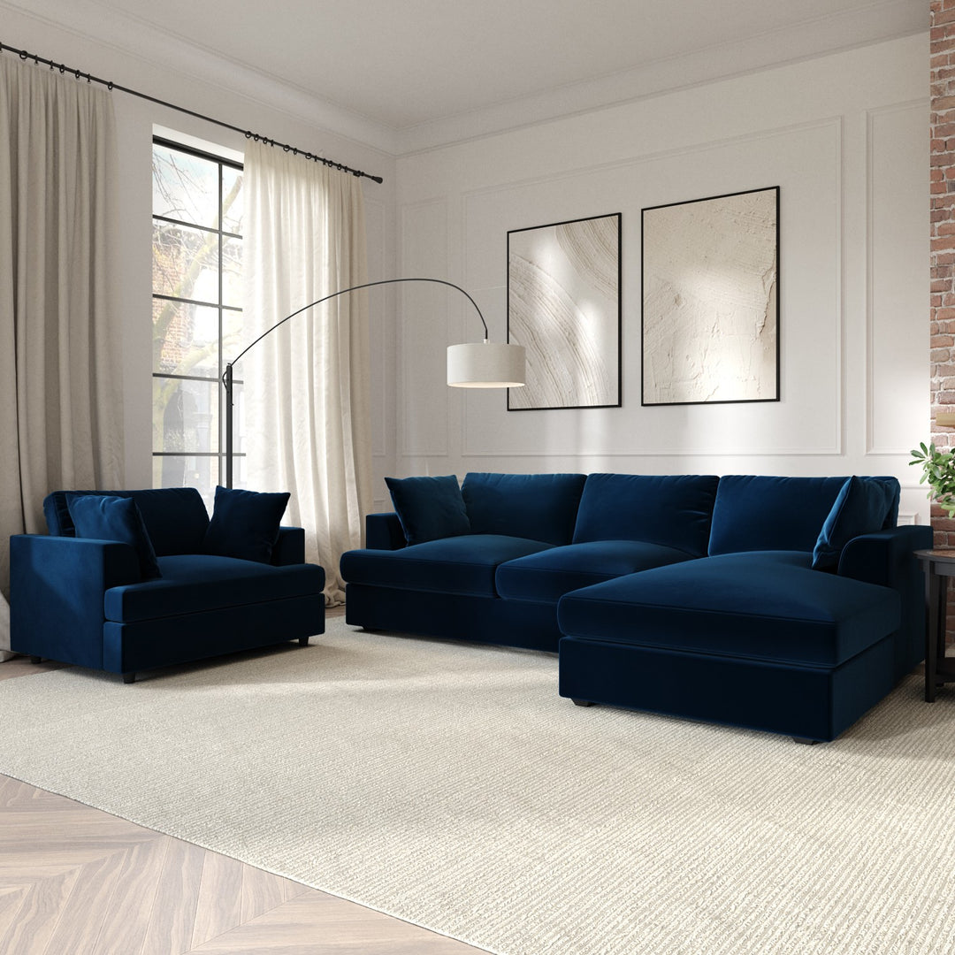 Large Navy Velvet Right Hand 4 Seater Chaise Corner Sofa sofa by DunePine - premium handmade upholstery available in UAE.