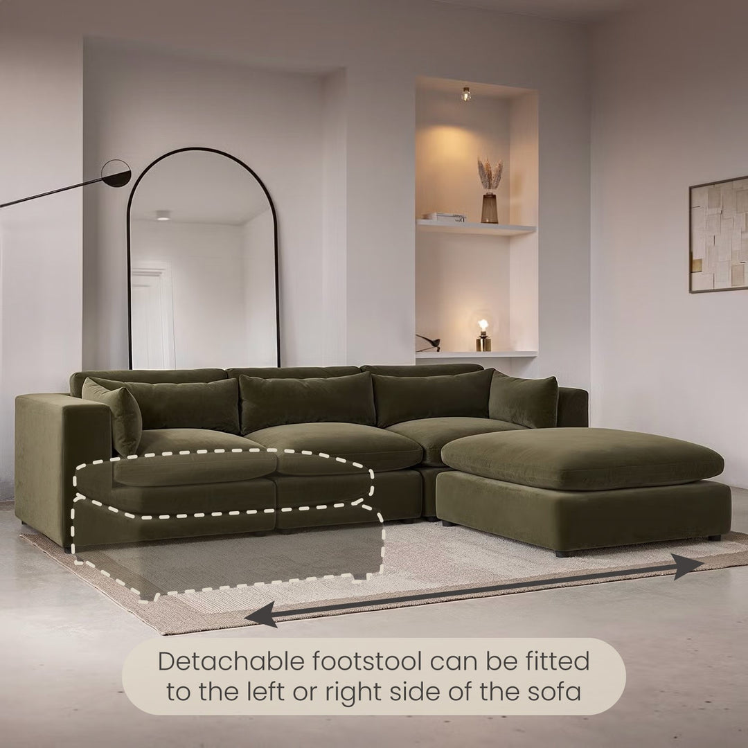Large Khaki Green Velvet Reversible 4 Seater Chaise Corner Sofa sofa by DunePine - premium handmade upholstery available in UAE.