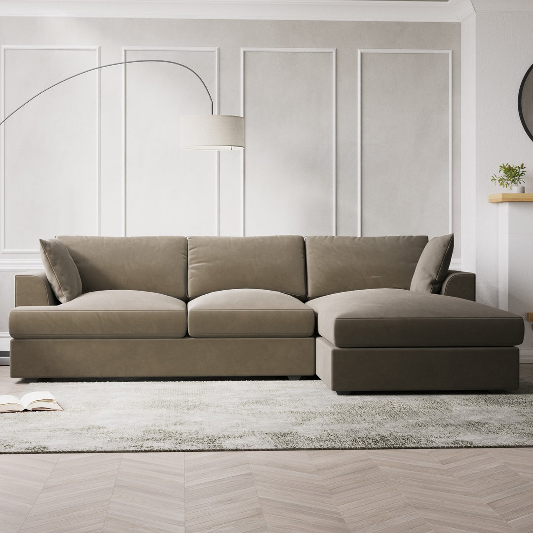 Large Mink Velvet Right Hand 4 Seater Chaise Corner Sofa sofa by DunePine - premium handmade upholstery available in UAE.