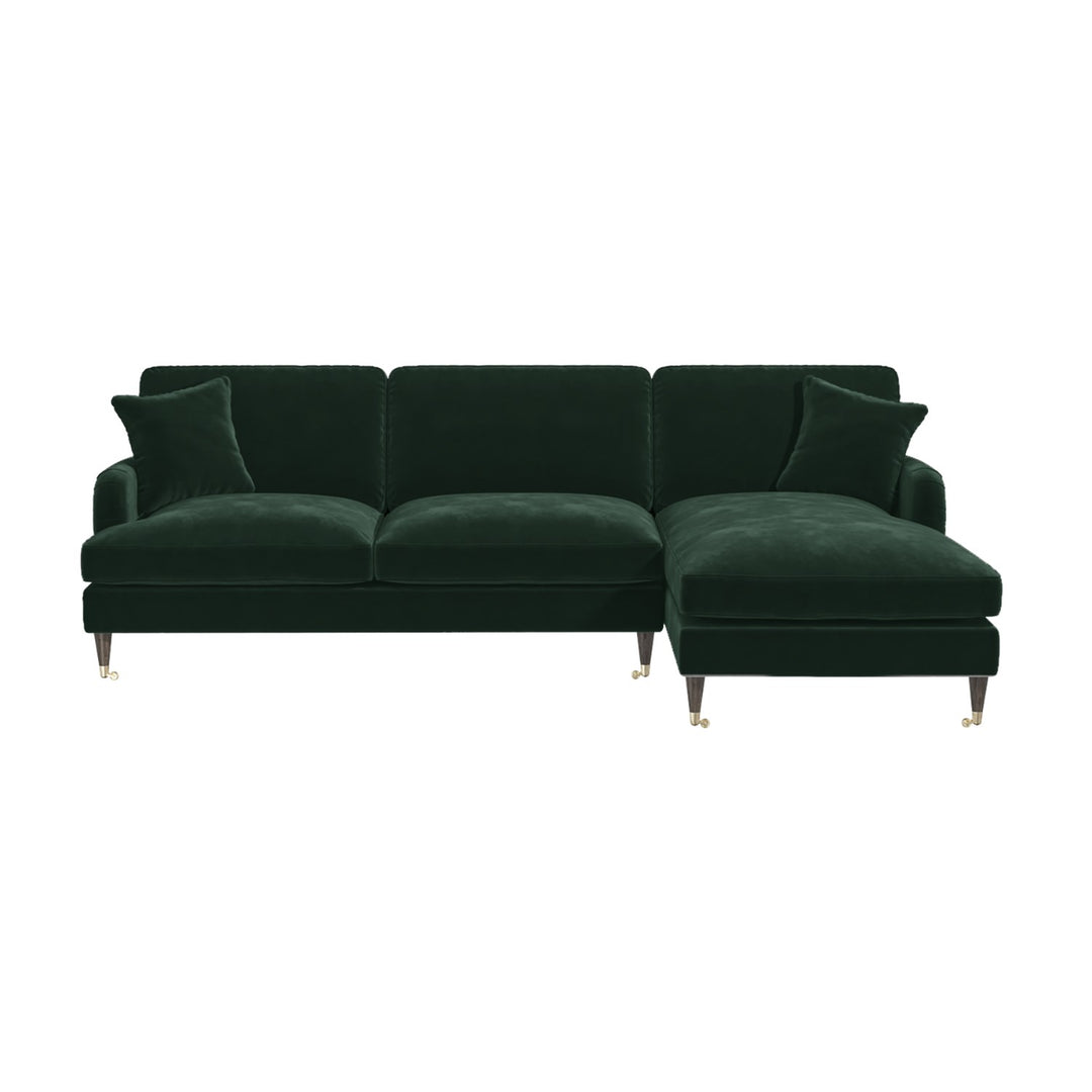 Dark Green Velvet Right Hand Facing 4 Seater Chaise Corner Sofa sofa by DunePine - premium handmade upholstery available in UAE.