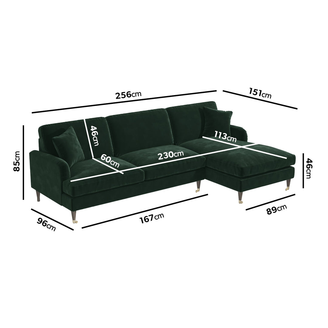 Dark Green Velvet Right Hand Facing 4 Seater Chaise Corner Sofa sofa by DunePine - premium handmade upholstery available in UAE.