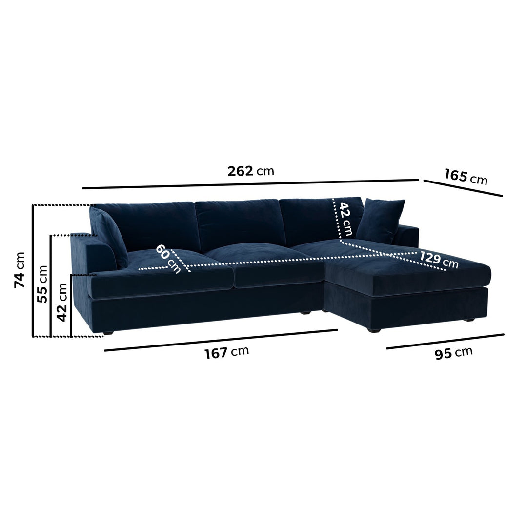 Large Navy Velvet Right Hand 4 Seater Chaise Corner Sofa sofa by DunePine - premium handmade upholstery available in UAE.