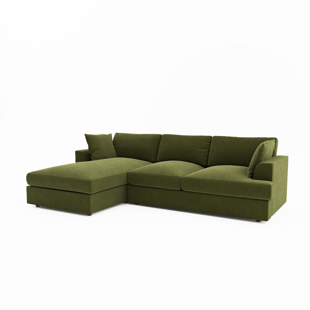 Olive Green Velvet Left Hand 4 Seater Chaise Corner Sofa sofa by DunePine - premium handmade upholstery available in UAE.