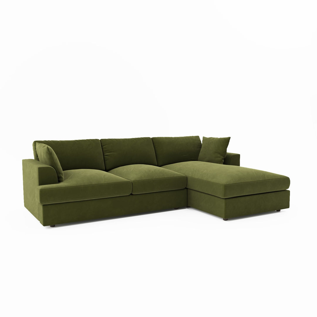 Olive Green Velvet Right Hand 4 Seater Chaise Corner Sofa sofa by DunePine - premium handmade upholstery available in UAE.