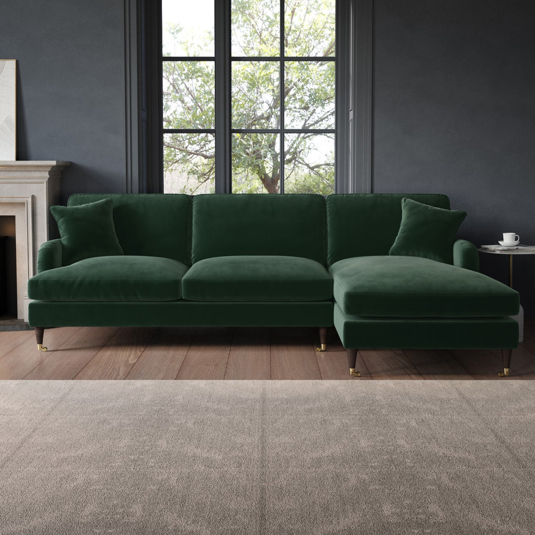 Dark Green Velvet Right Hand Facing 4 Seater Chaise Corner Sofa sofa by DunePine - premium handmade upholstery available in UAE.