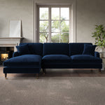Load image into Gallery viewer, Navy Velvet Left Hand Facing 4 Seater Chaise Corner Sofa sofa by DunePine - premium handmade upholstery available in UAE.
