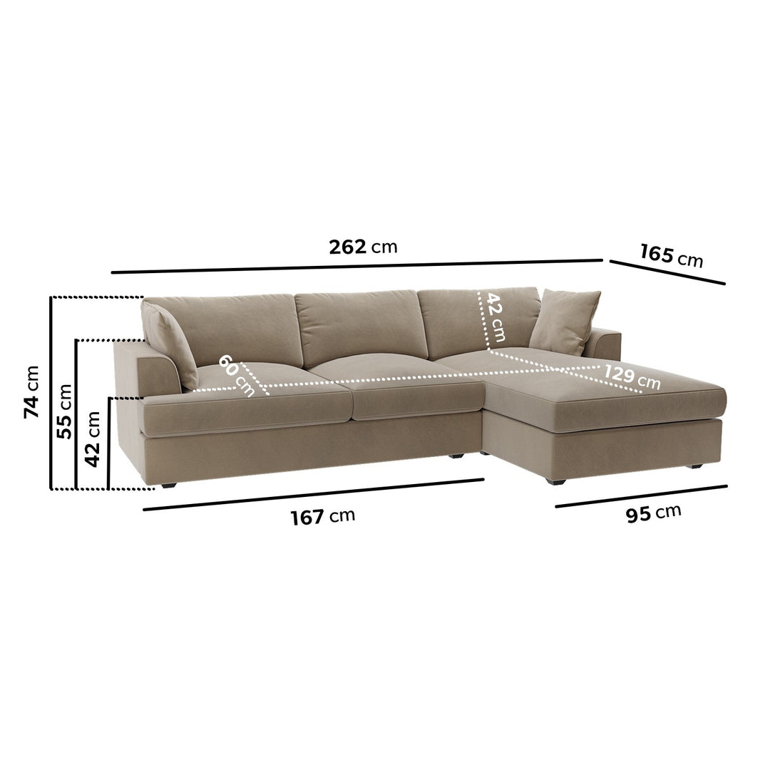 Large Mink Velvet Right Hand 4 Seater Chaise Corner Sofa sofa by DunePine - premium handmade upholstery available in UAE.
