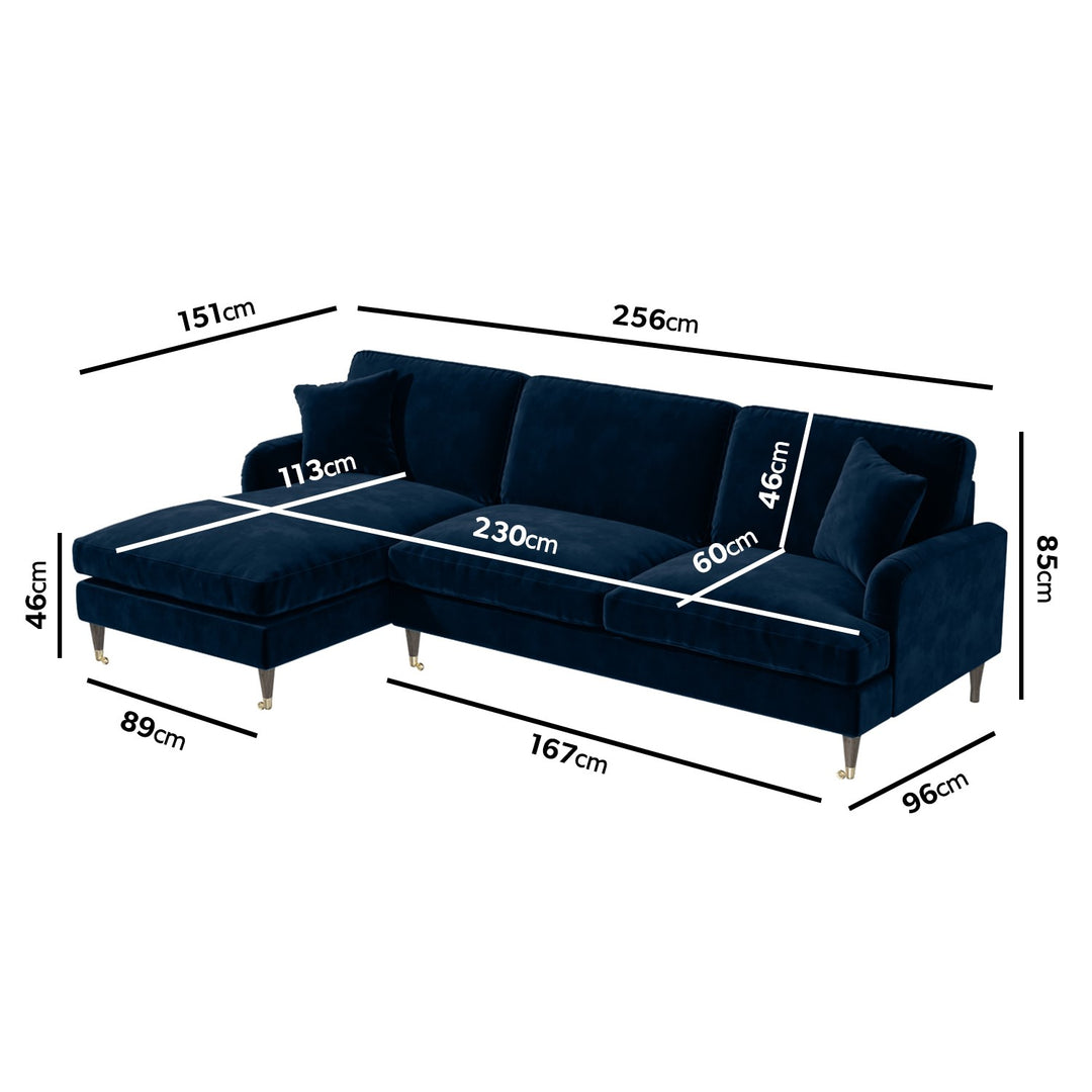Navy Velvet Left Hand Facing 4 Seater Chaise Corner Sofa sofa by DunePine - premium handmade upholstery available in UAE.