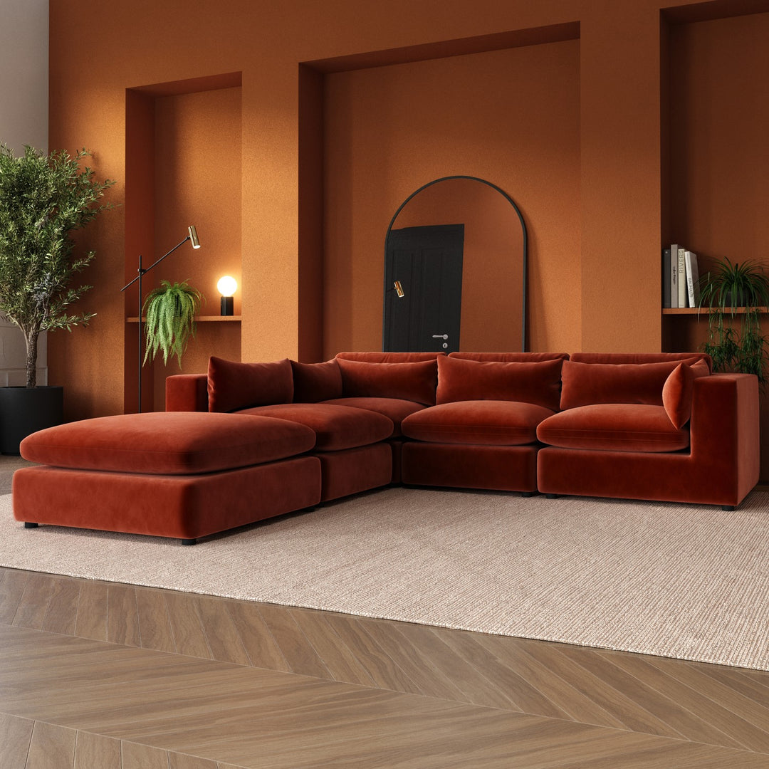 Large Burnt Orange Velvet 5 Seater Modular Corner Sofa sofa by DunePine - premium handmade upholstery available in UAE.