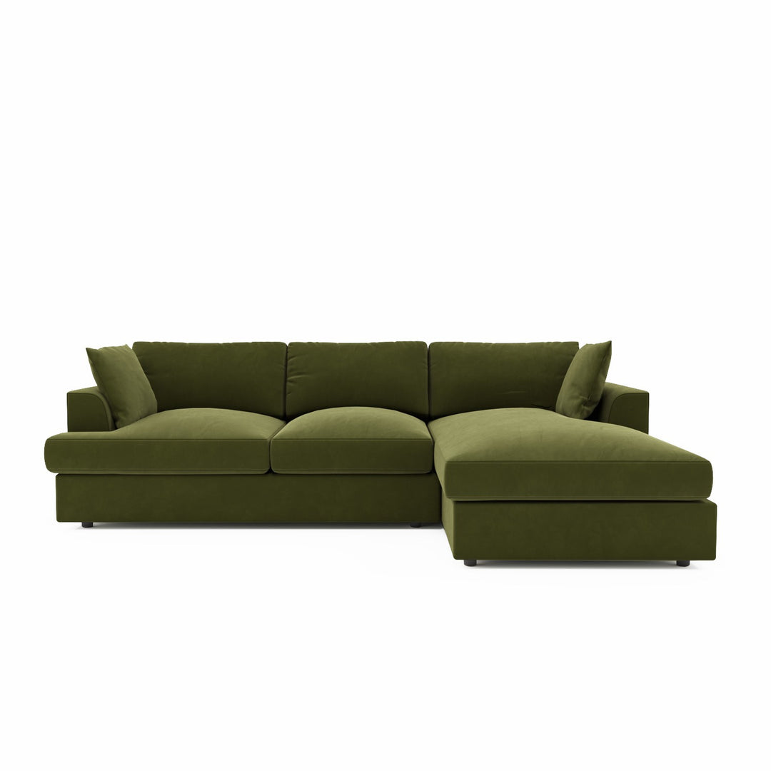 Olive Green Velvet Right Hand 4 Seater Chaise Corner Sofa sofa by DunePine - premium handmade upholstery available in UAE.
