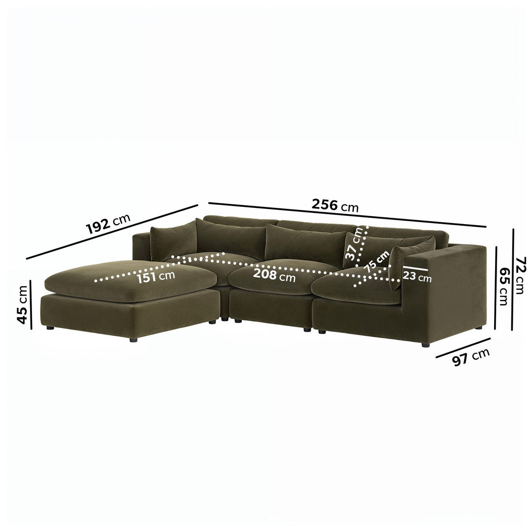 Large Khaki Green Velvet Reversible 4 Seater Chaise Corner Sofa sofa by DunePine - premium handmade upholstery available in UAE.