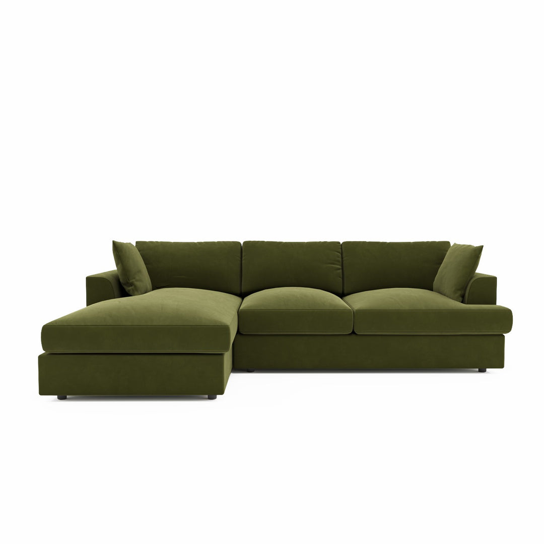 Olive Green Velvet Left Hand 4 Seater Chaise Corner Sofa sofa by DunePine - premium handmade upholstery available in UAE.