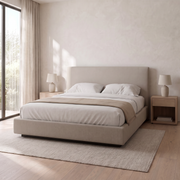HavenRise Upholstered Hydraulic Storage Bed side view in stone fabric – illustrative image – Dune & Pine
