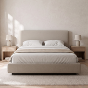HavenRise Upholstered Hydraulic Storage Bed shown in stone fabric in a bright bedroom – illustrative image – Dune & Pine