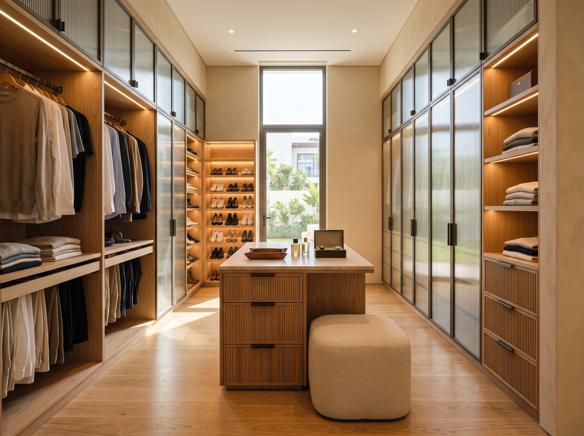 Custom walk-in wardrobe in oak veneer made by Dune & Pine