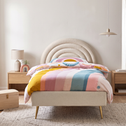 Lira Upholstered Bed in a bright bedroom – illustrative image – Dune & Pine