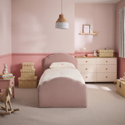 Hayes Upholstered Trundle Bed in a bedroom – Dune & Pine