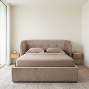 Elegance Tufted Wingback Bed Frame shown in taupe fabric in a bright bedroom – illustrative image – Dune & Pine