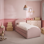 Hayes Upholstered Trundle Bed, side view – Dune & Pine