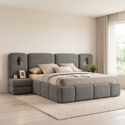 Oasis upholstered bed with two upholstered side tables in a bright bedroom