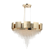 Gold chandelier with crystal accents on a white background