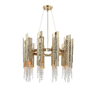 Gold chandelier with crystal accents on a white background