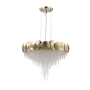 Gold chandelier with crystal accents on a white background
