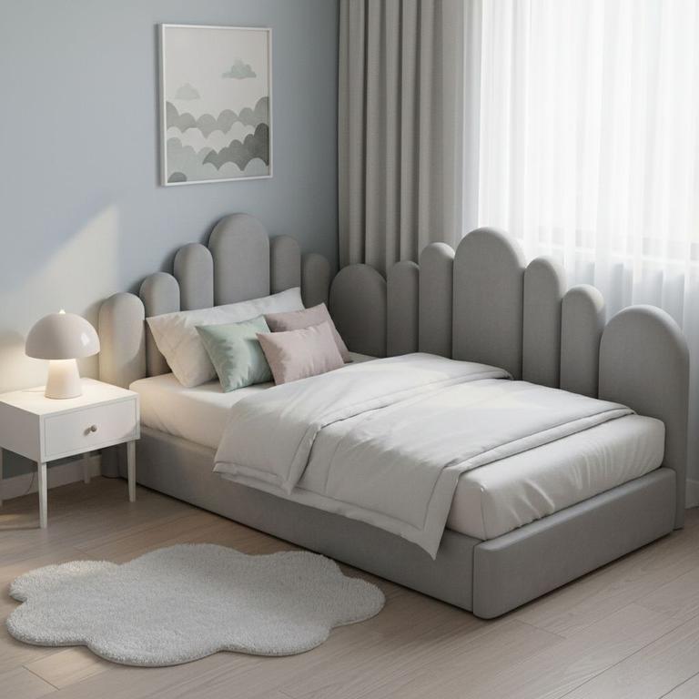 Modern bedroom with a gray upholstered bed, white bedding, and a side table.