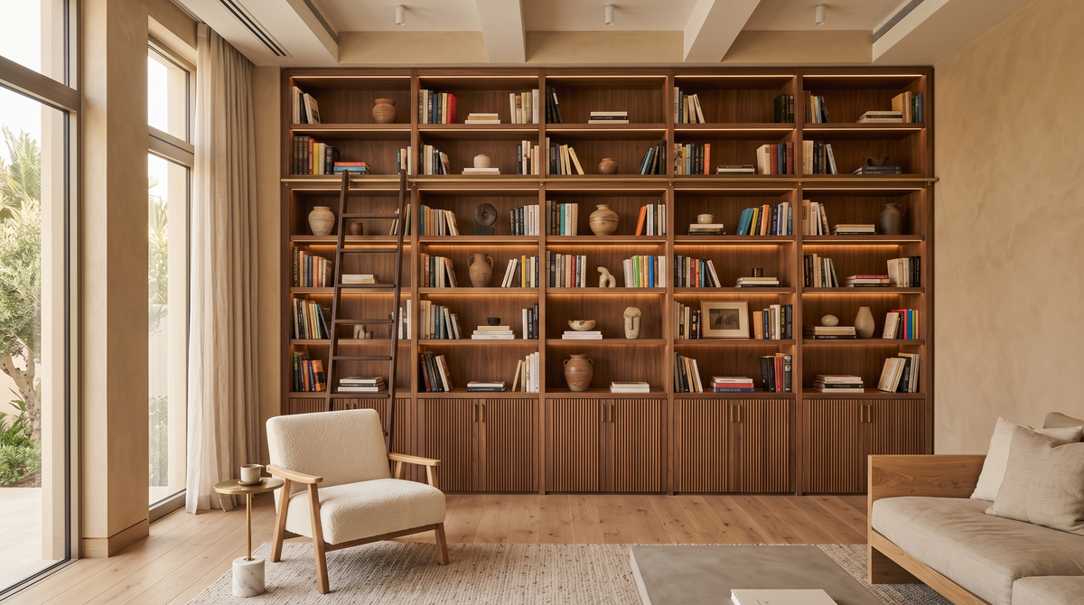 Built-in veneer bookshelf and library wall made by Dune & Pine joinery in Dubai