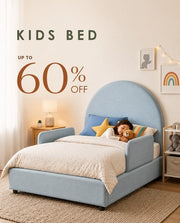 Children's bed with promotional text for a discount, in a cozy bedroom setting.