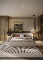 Load image into Gallery viewer, Modern bedroom with a bed, lamps, and artwork on a neutral color scheme.