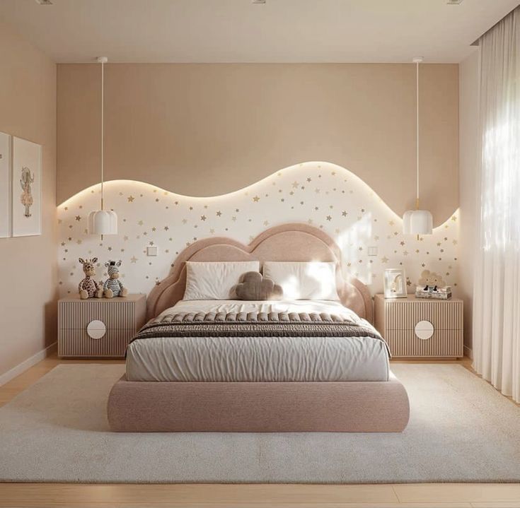 Neatly arranged bedroom with a pink bed and matching headboard.